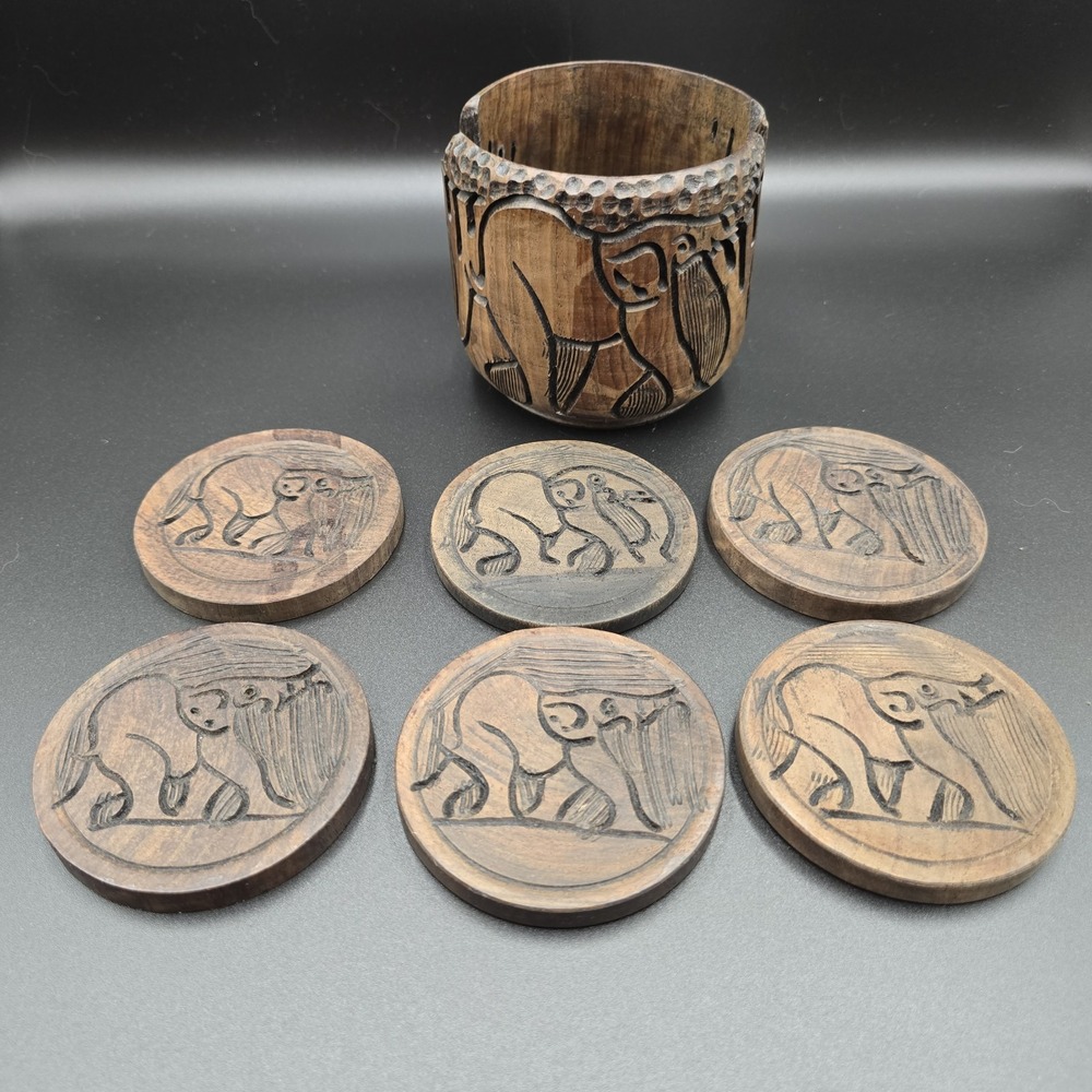 Bushcraft Trading South Africa Elephant Wood Coaster Set 6 Carved Holder